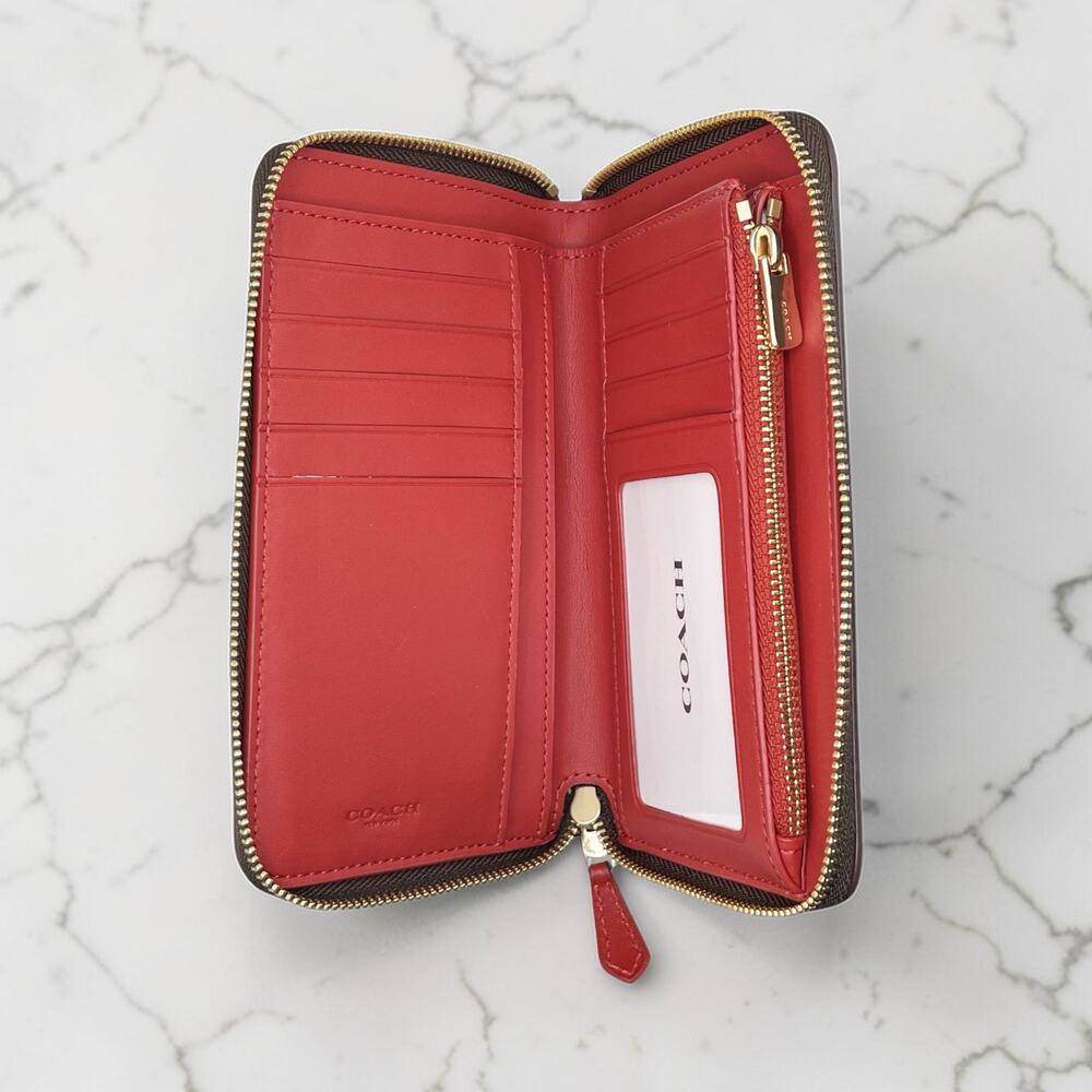 Coach Medium Id Zip Wallet In Signature Canvas in Walnut & Red Leather CW781 - Picture 3 of 3